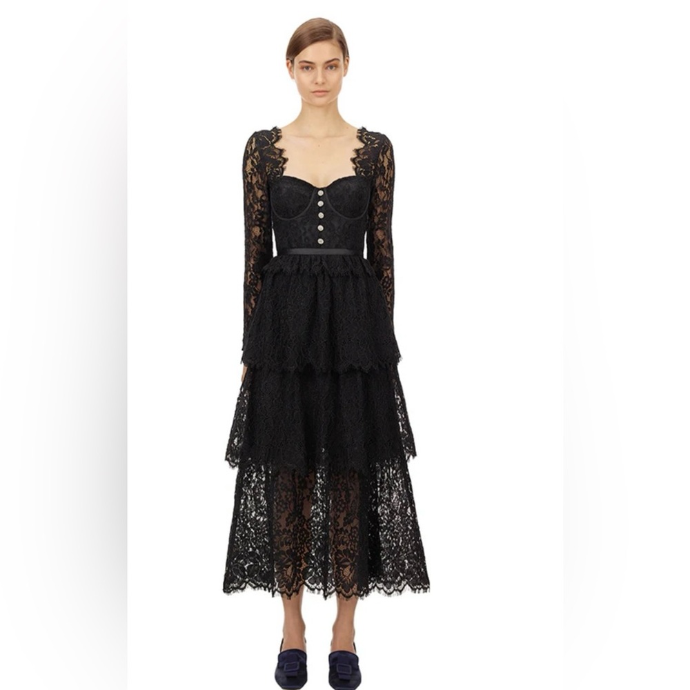 EUC, worn once, Self Portrait Black Fine Corded Lace Tiered Midi Dress US10